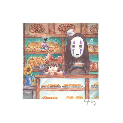 Watercolor painting of the counter of Kiki's Delivery Service with Kiki resting her head on her forearms on a bakery case. Next to her stands No Face with a smile and a small piece of cake.