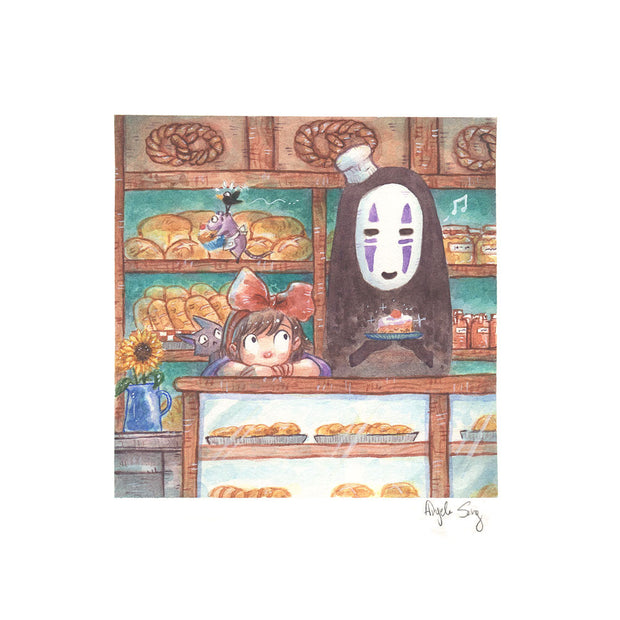 Watercolor painting of the counter of Kiki's Delivery Service with Kiki resting her head on her forearms on a bakery case. Next to her stands No Face with a smile and a small piece of cake.