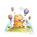 Illustration of a dinosaur holding colorful hot air balloons on a grassy hill with trees and a blue sky.