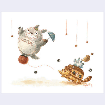 Illustration of a stylized Totoro, flying up on a ball of yarn with a small catbus chasing after.