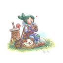 Watercolor illustration of a girl dressed in fantasy adventurer clothes, sitting on a rock and drinking a boba. Her large sword is behind her and her dog rests in an open pouch-like carrier.