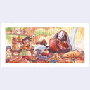 A watercolor illustration of a food buffet, with dozens of plates filled with meats, fish and various foods. A large beast-type monster gobbles down a bowl and a small human happily eats as well.