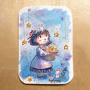 A watercolor art painting with rounded corners, featuring a cute illustration of a girl with blue hair holding a basket of stars, set against a blue and purple watercolor background.