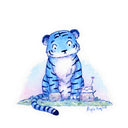 Illustration of a blue tiger sitting next to a cat on a white background