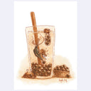 Sepia toned illustration of a cartoon mouth, diving into a cup of boba to gather them, like treasures. A small crab sits outside the glass and a basket full of boba balls is nearby as well.