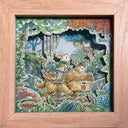 Framed artwork of a forest scene with animals and nature elements.