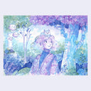 Purple and blue watercolor illustration of a girl standing in a lush forest setting with a tiny smiling kitten on her head and birds chirping nearby.