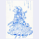 Ink illustration of a woman in a very ruffly dress.