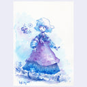 Blue and purple watercolor illustration of a girl walking with a goldfish floating nearby with a musical speech bubble