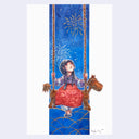 Illustration of a child on a swing shaped like a horse, against a blue sky with fireworks.