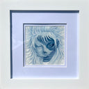 Blue monochromatic painting of a woman with half of her face heavily withered. She has white hair that extends out around her. Piece is framed.