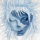 Blue monochromatic painting of a woman with half of her face heavily withered. She has white hair that extends out around her.