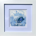 Blue monochromatic painting of a cartoon monster, cute but slightly spooky with pointed anime style hair and a dizzy expression. Piece is framed.