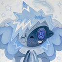 Blue monochromatic painting of a cartoon monster, cute but slightly spooky with pointed anime style hair and a dizzy expression.