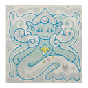 Painting of a blue sea creature, with a person's face, it has closed eyes and a mermaid tail. Gems decorate its chest, forehead and tail.