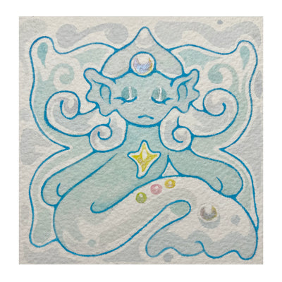 Painting of a blue sea creature, with a person's face, it has closed eyes and a mermaid tail. Gems decorate its chest, forehead and tail.