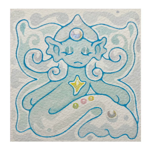 Painting of a blue sea creature, with a person's face, it has closed eyes and a mermaid tail. Gems decorate its chest, forehead and tail.