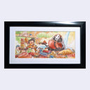 A watercolor illustration of a food buffet, with dozens of plates filled with meats, fish and various foods. A large beast-type monster gobbles down a bowl and a small human happily eats as well.