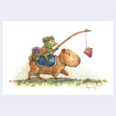 A whimsical watercolor illustration on a white background showing a capybara with a kappa character riding on its back, while walking outdoors. The kappa holds a long rod with a watermelon slice hanging from the end.