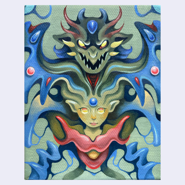 Painting of a girl with green skin and abstract winged hair and body. She has piercing yellow eyes and atop her head comes out a dark green Godzilla like creature.
