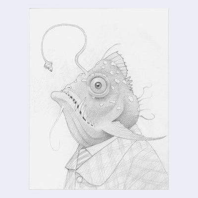 Graphite sketch of an angler fish, dressed in a suit.