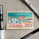 Illustration of a desert landscape with many bungalows on it, with a large sign that reads "El Rancho"
