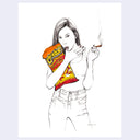 Drawing on white paper of a girl standing and holding a bag of Flaming Hot Cheetos in her arms. She sucks on a cheeto dust covered thumb and holds a joint in the other hand.