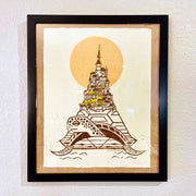 Print on cream color paper of a sea turtle with a city on its back. A sun behind the city.