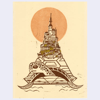 Print on cream color paper of a sea turtle with a city on its back. A sun behind the city.