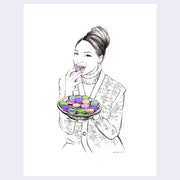Illustration on white paper of a girl with her hair up in a fancy bun. She smiles and eats from a plate of macarons.