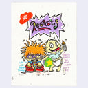 A hand-drawn cartoon linocut print featuring characters from Rugrats, with the text 'NO Regrets' and additional handwritten text on a white background.