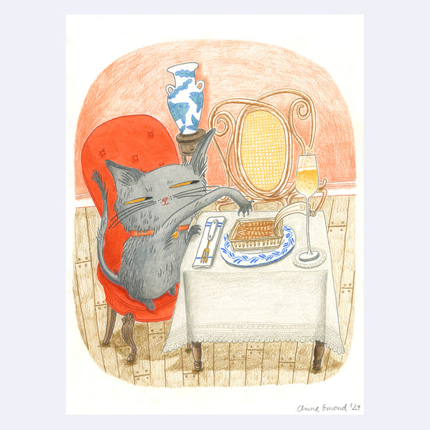 Color pencil illustration of a smug gray cat, sitting in a red chair and reaching into an open tin of sardines, which are plated on a fancy table clothed table. 