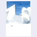 Watercolor illustration of a small cat traversing a very expansive, snowy landscape with tall white rock formations and a blue sky.