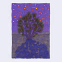 Marker illustration of a night time desert landscape with a bright, dark purple sky and a large Joshua Tree casting a long shadow on the flat ground.