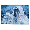Blue mostly monochromatic painting of a girl with a floral patterned head scarf. Sitting next to her is a small cat character with a hooded cloak, both looking up and off to the side. Behind them is a vast village with many pointed towers.