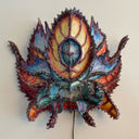 Sculpture of a monster's head, made out of paper mache and colored in blues and warm tones