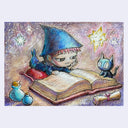 A whimsical fantasy illustration of a child wizard in a blue pointed hat reading an open book, with a small black cat beside it and glowing stars in a starry purple and gold sky. The artwork is centered on a light gray background.
