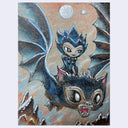 A fantasy illustration of a small blue-haired girl in a dark outfit riding a large black bat with spread wings against a warm orange sky with two moons.