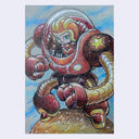 A colored pencil drawing of a sci-fi character in a red and gold spacesuit, seated on a planet with a blue sky background.