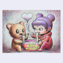 A pastel-style illustration of a small brown teddy bear and a purple-haired girl sharing a bowl labeled 'BOWL NOODLES' with a floating heart above them, shown on a light gray background.