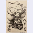 Ink illustration of a character on a motorcycle, with a large animal riding on back of her bike and smiling.