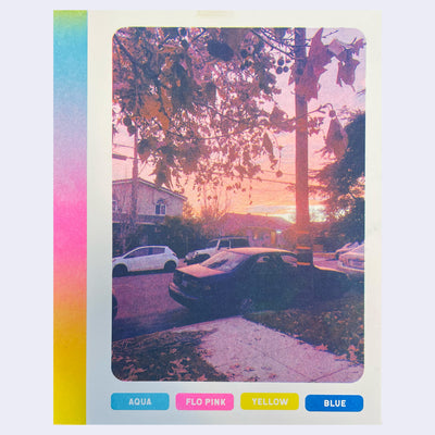 Risograph print of a sunset photograph on a street. There is text below and a color chart for the CMYK values.