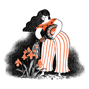 Sticker of a woman wearing orange striped pants and an off the shoulder top, pouring a vase of water over wilted flowers.