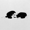 Two black figures in a embrace on a light gray background