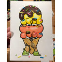 Cartoon style illustration of a ice cream cone with 2 scoops, each scoop has eyes and sprinkles.