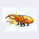 Cartoon illustration of a large orange beetle wearing a tiny cowboy hat and boots on all 6 feet.