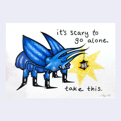 Illustration of a cartoon blue Cheetah Beetle with a tiny lantern hanging from its horns, with text that reads "it's scary to go alone, take this"