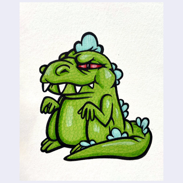 Cartoon drawing of a green dinosaur (Reptar from Rugrats) in a more condensed, squishy style with a cute squished facial expression.