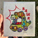A square artwork featuring a colorful cartoon monster truck with a crocodile face, held by a hand outdoors. The piece has a white textured background with a red comic-style sound effect and the word 'RAWR' in red starbursts.