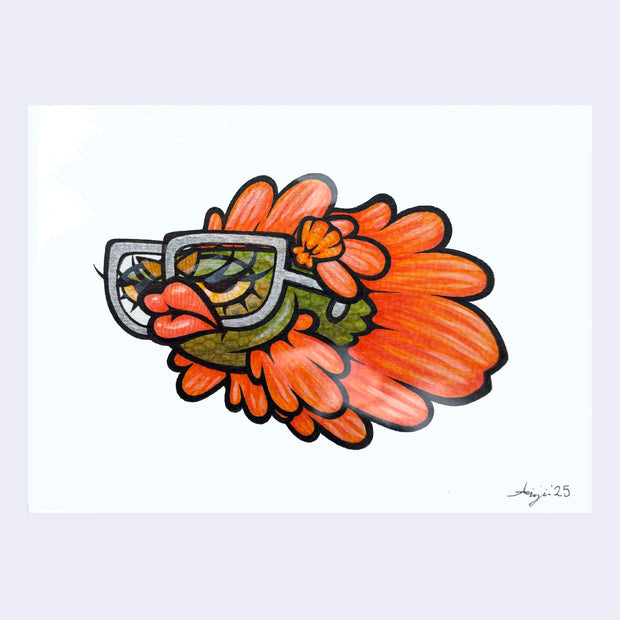 Illustration on white paper of a cartoon beta fish with large lips, thick eyelashes and glasses.